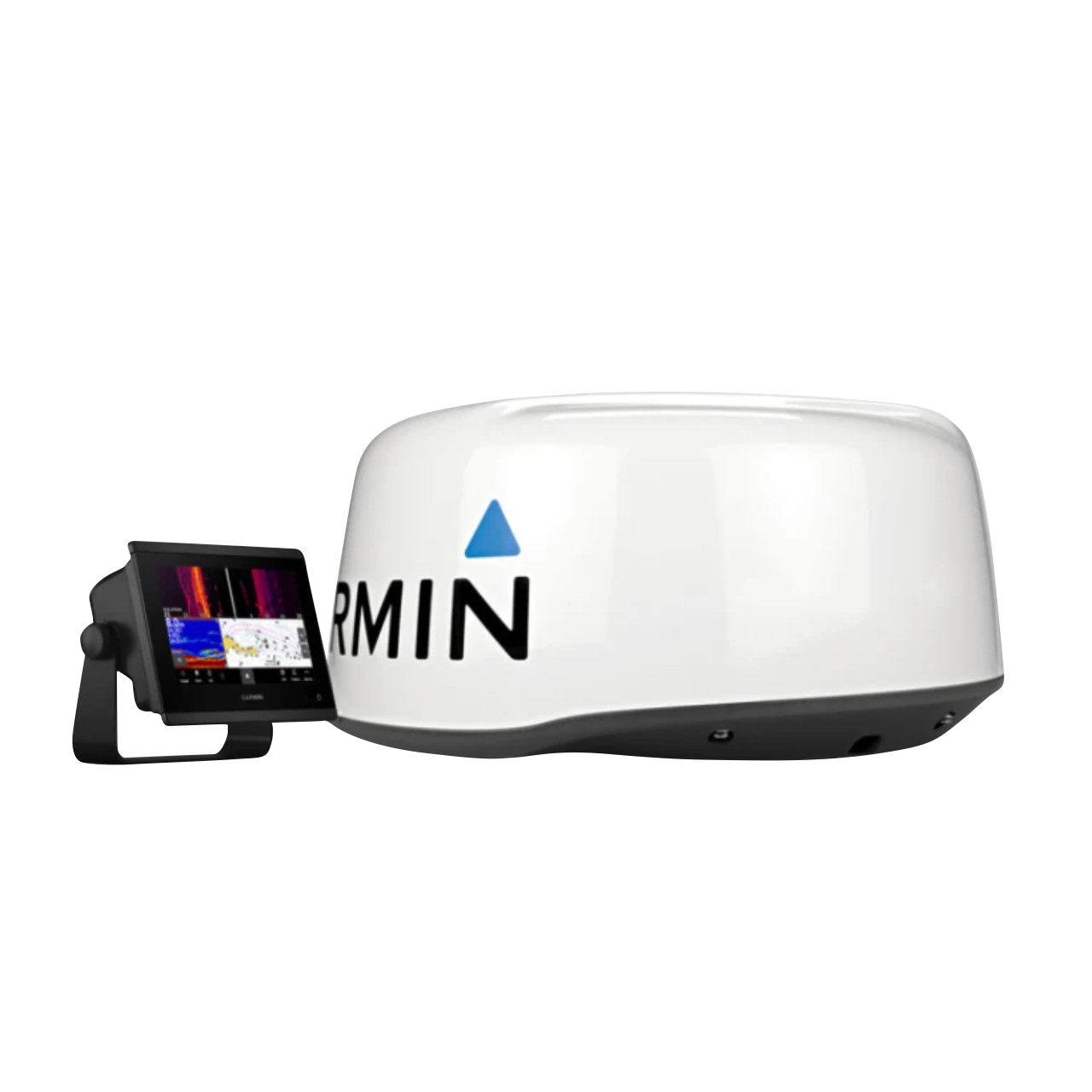 Garmin GPSMAP 723xsv and GMR 18 HD+ radar bundle, two-item set, white dome radar with marine display.