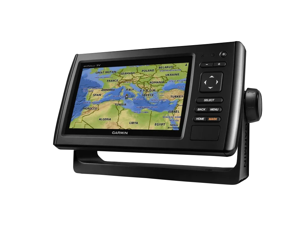 Garmin ECHOMAP CHIRP 72sv marine chartplotter with transducer on a black mount