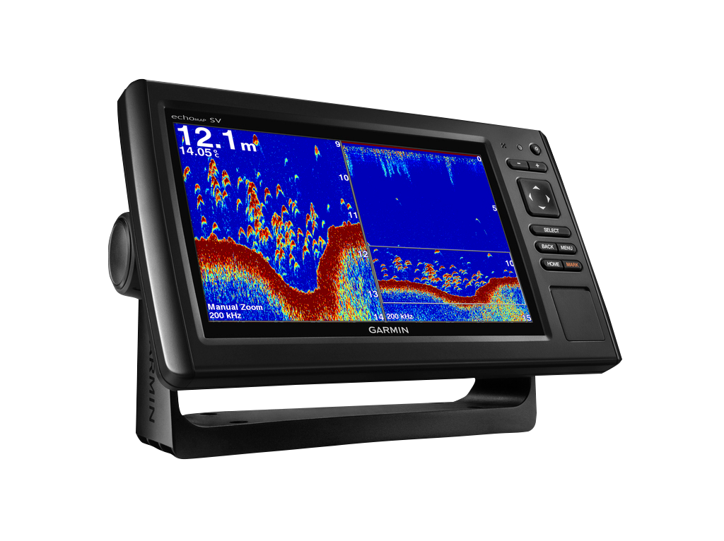 Garmin ECHOMAP CHIRP 92sv marine chartplotter display with mounting stand, no transducer