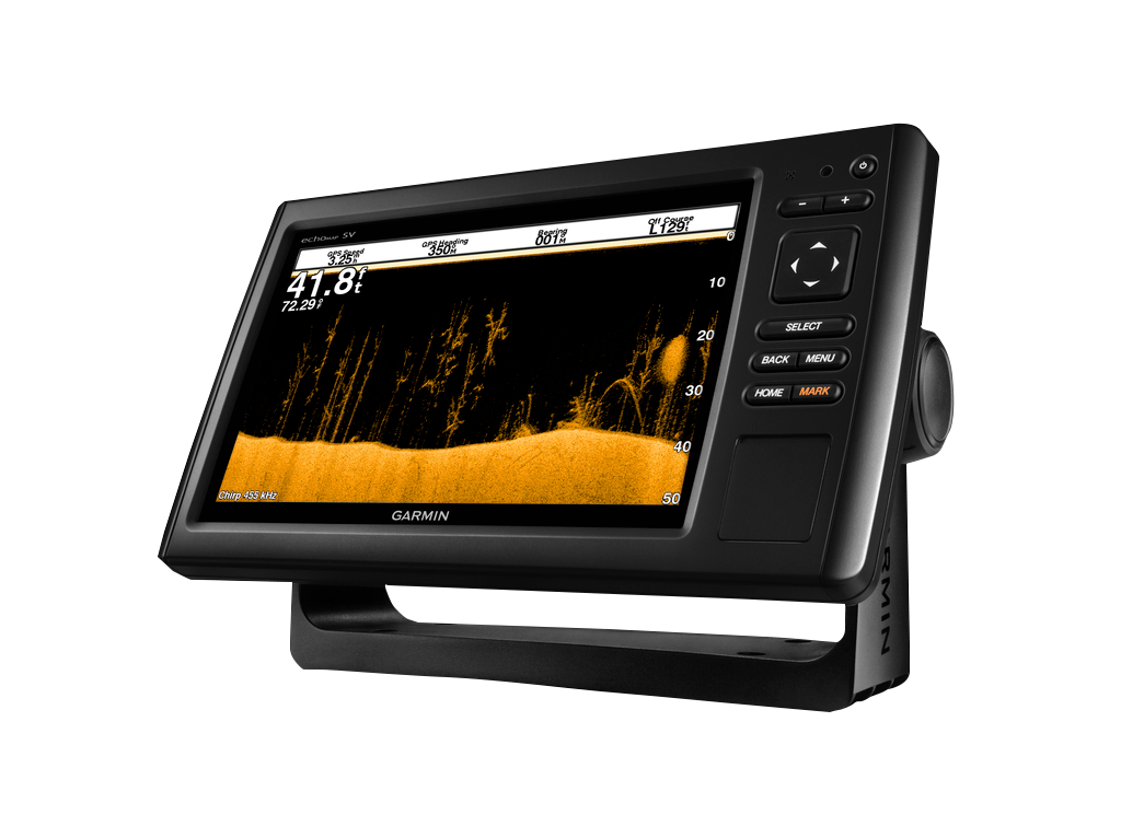 Garmin ECHOMAP CHIRP 93sv marine chartplotter with transducer on stand