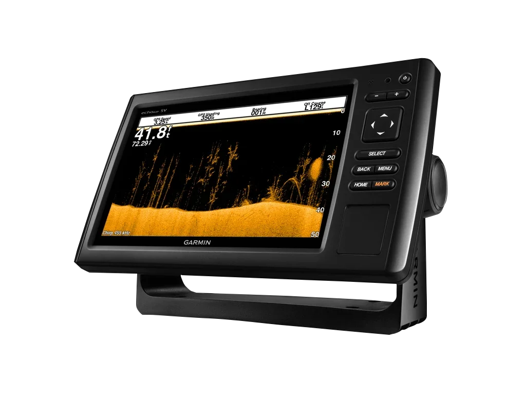 Garmin ECHOMAP CHIRP 93sv marine chartplotter with transducer on stand