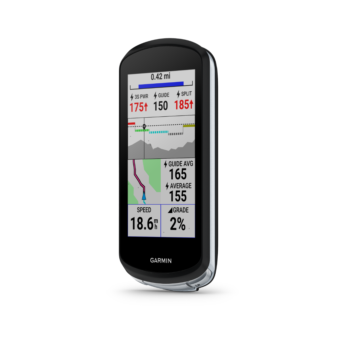 Garmin Edge 1040 bike computer, black device showing ride metrics on screen