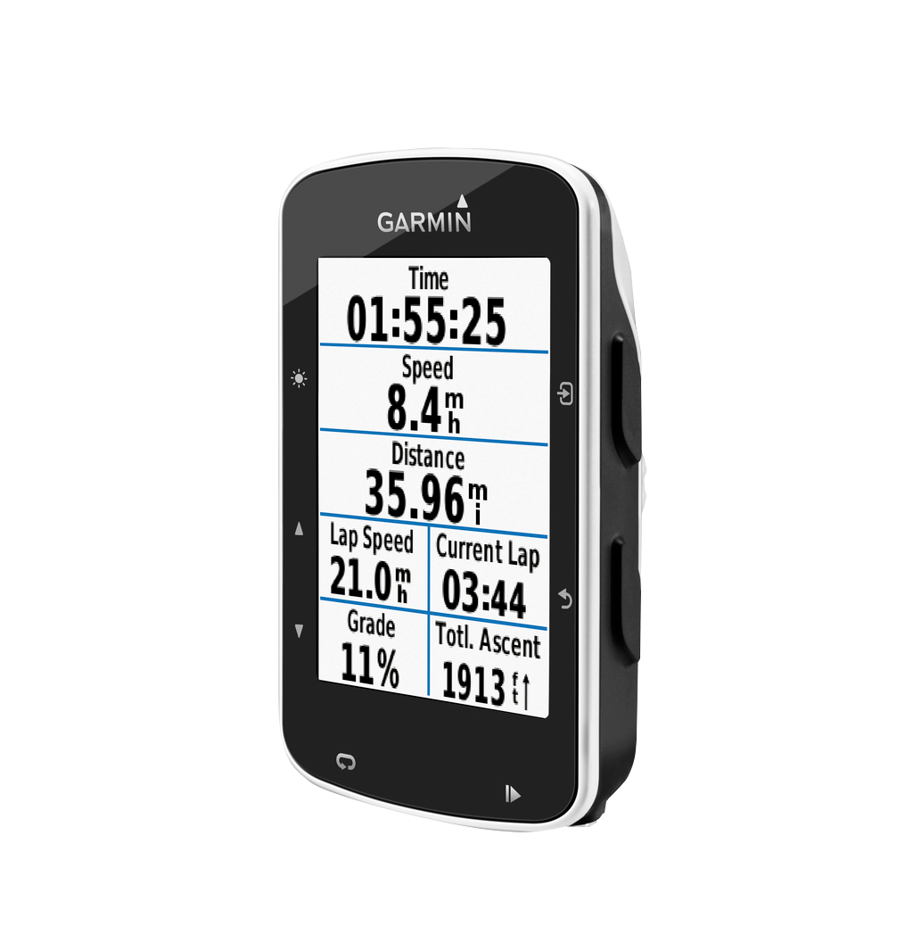 Garmin Edge 520 cycling computer; black body with white bezel, screen showing time, speed, distance and lap data