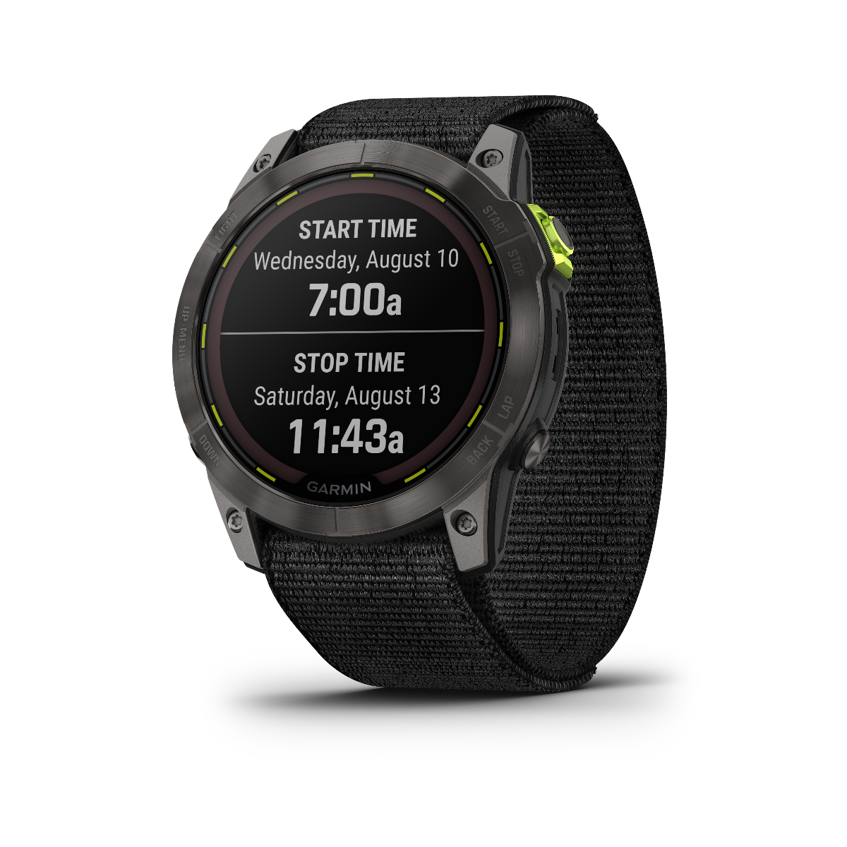Garmin Enduro 2 GPS smartwatch with black fabric strap and neon green crown