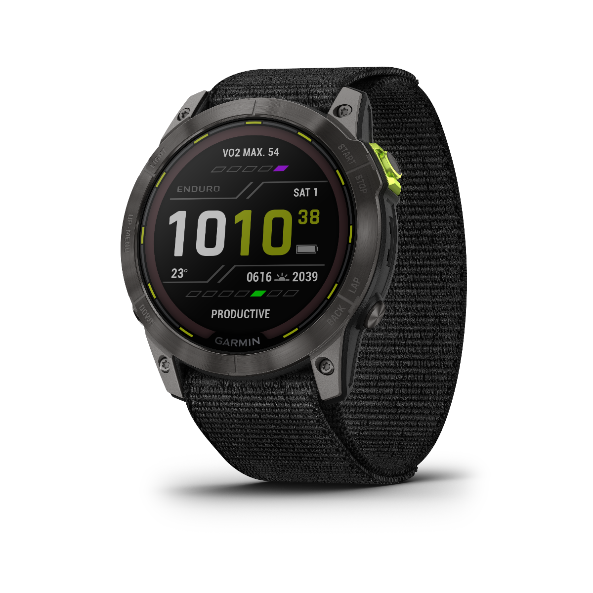 Garmin Enduro 2 GPS smartwatch with black fabric strap and neon lime crown