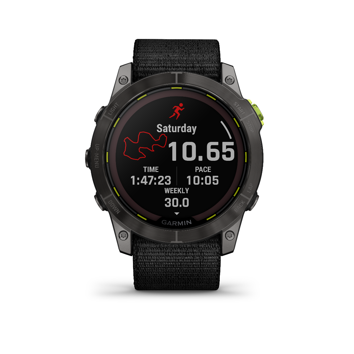 Garmin Enduro 2 smartwatch with black fabric strap and dark steel bezel displaying activity metrics.