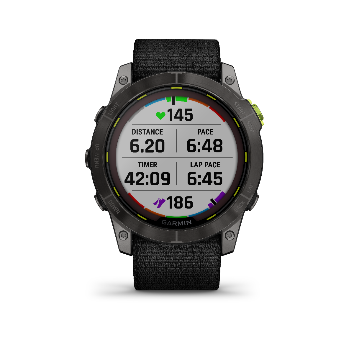 Garmin Enduro 2 smartwatch with black strap and rugged bezel, displaying distance, pace, timer, and heart rate