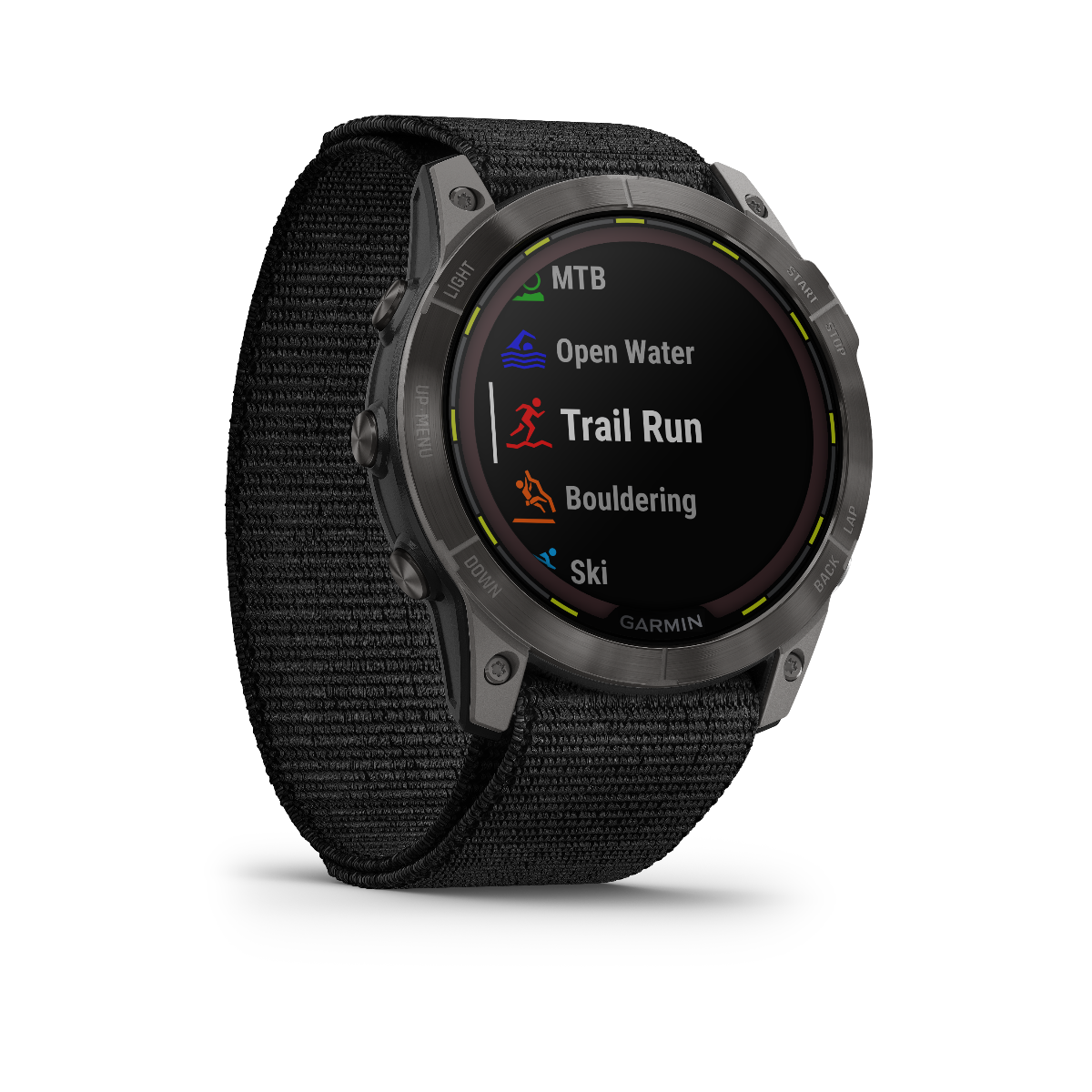 Garmin Enduro 2 GPS smartwatch with black fabric strap and rugged bezel, displaying trail run and open-water activities.