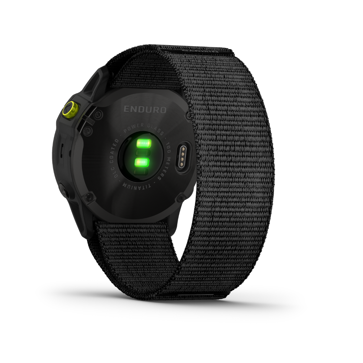 Garmin Enduro GPS smartwatch - carbon gray DLC titanium case with black UltraFit nylon strap (back view)