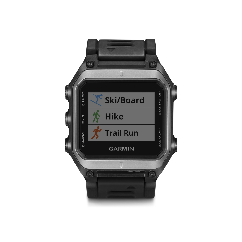 Garmin Epix GPS Smartwatch, black rugged case, Ski/Board, Hike, Trail Run on display