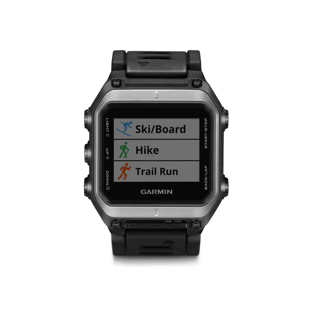 Garmin Epix GPS Smartwatch, black rugged case, Ski/Board, Hike, Trail Run on display