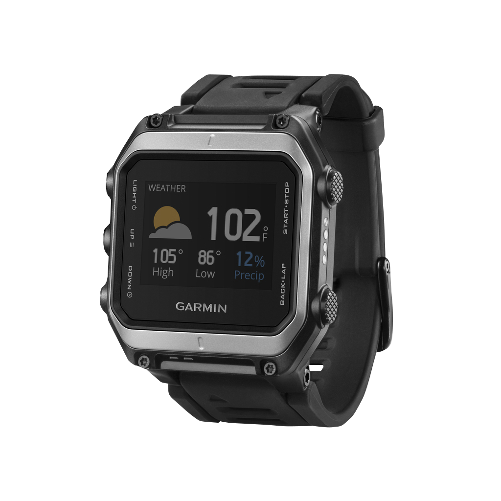 Garmin Epix GPS smartwatch, certified refurbished, black strap and silver bezel.