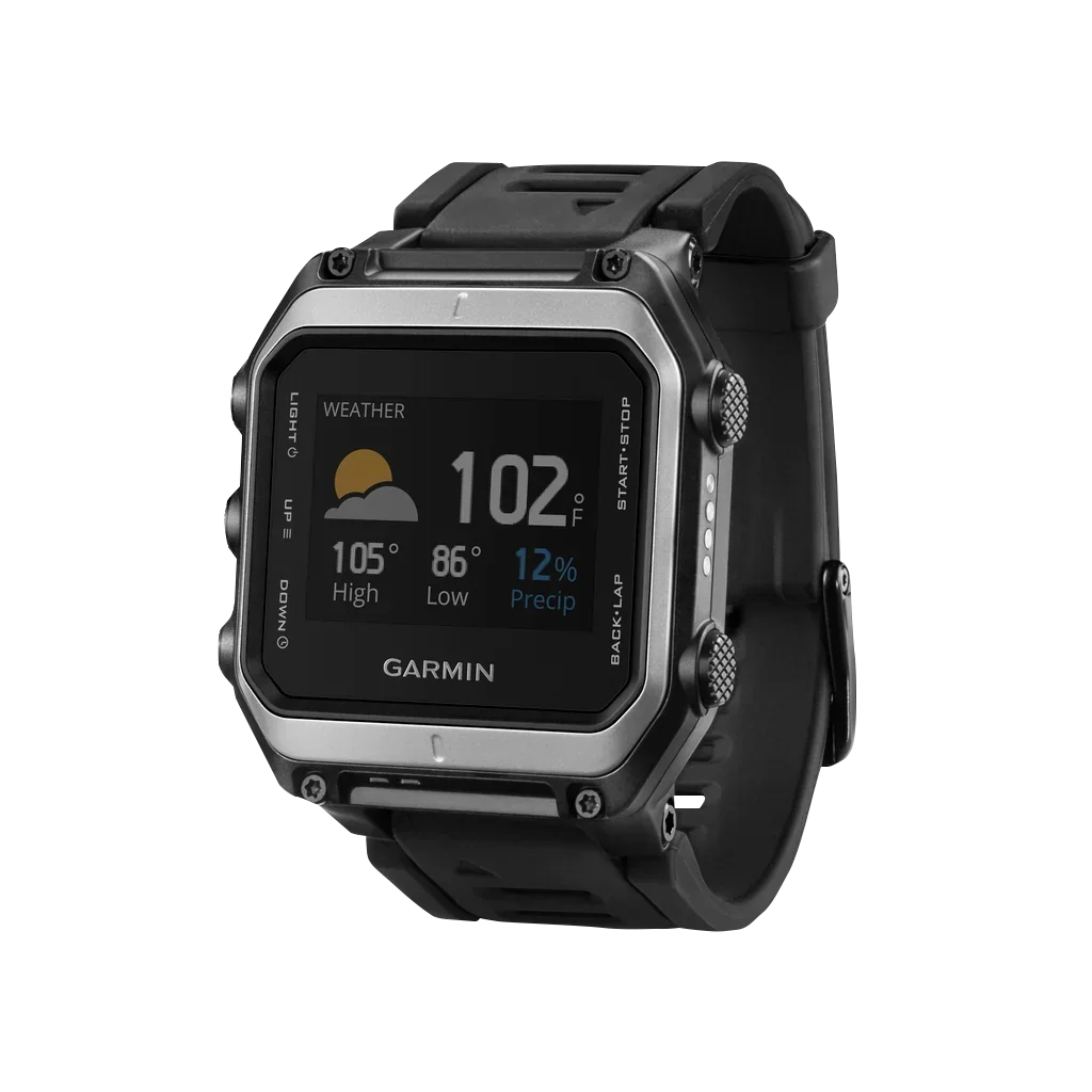 Garmin Epix GPS smartwatch, certified refurbished, black strap and silver bezel.