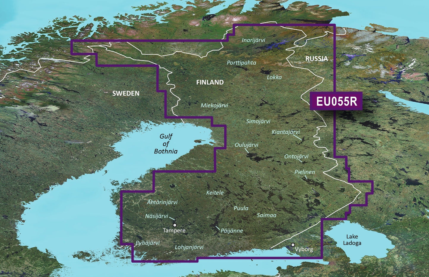 Garmin Finland Lakes and Rivers BlueChart g3 map card EU055R; microSD/SD format with Finland map outlined in purple