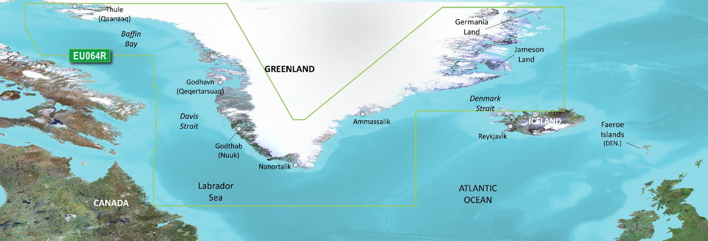 Garmin Greenland Charts BlueChart g3 Vision VEU064R microSD/SD map card shown with a detailed Greenland map display