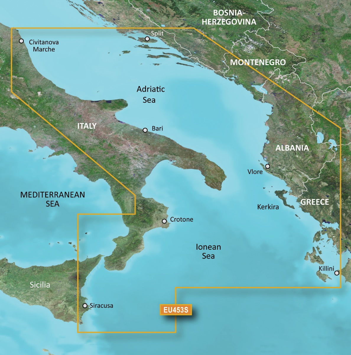 Garmin Bluechart G2 Vision map card Alicante–Cabo de Sao Vicente; Mediterranean map with orange boundary.