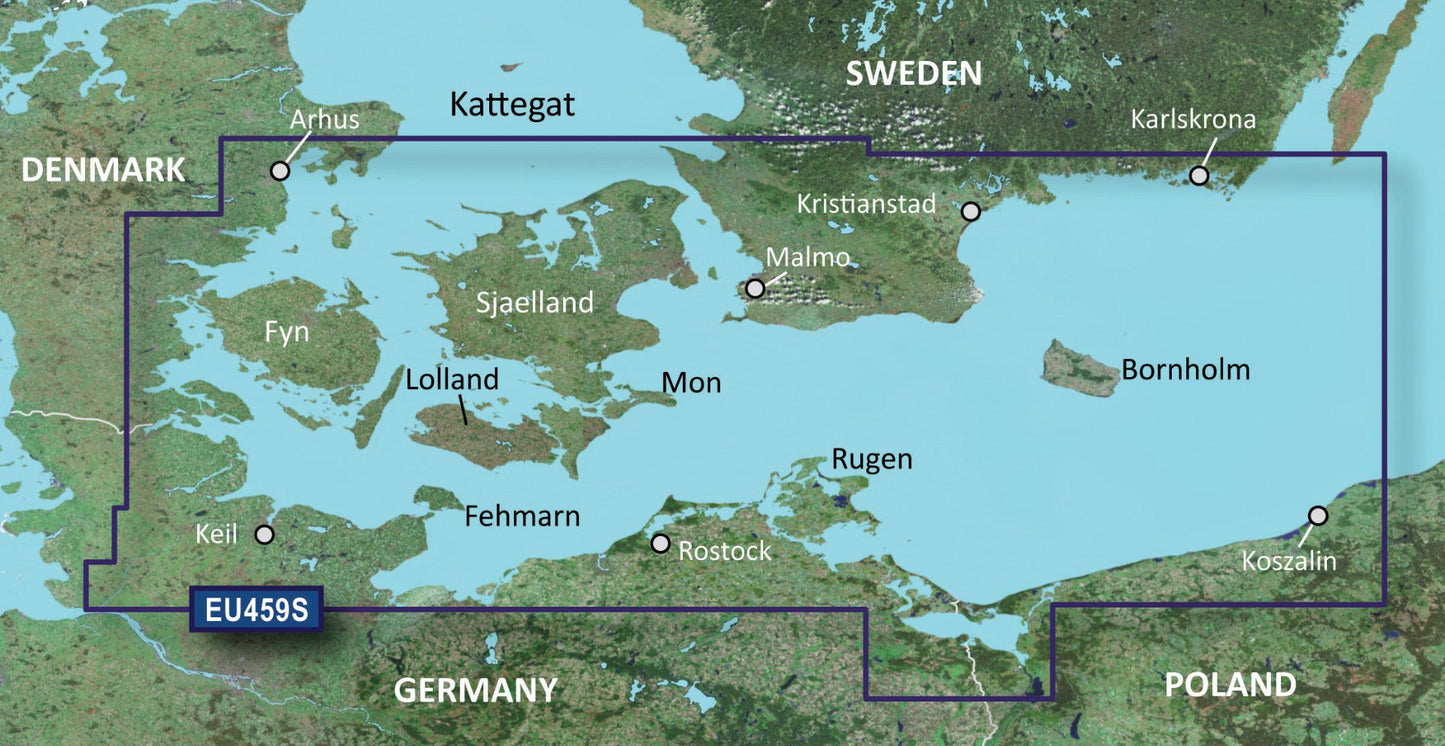 Map card Garmin BlueChart g3 Vision EU459S for microSD/SD showing Arhus-Kiel-Koszalin coastal route and coastlines