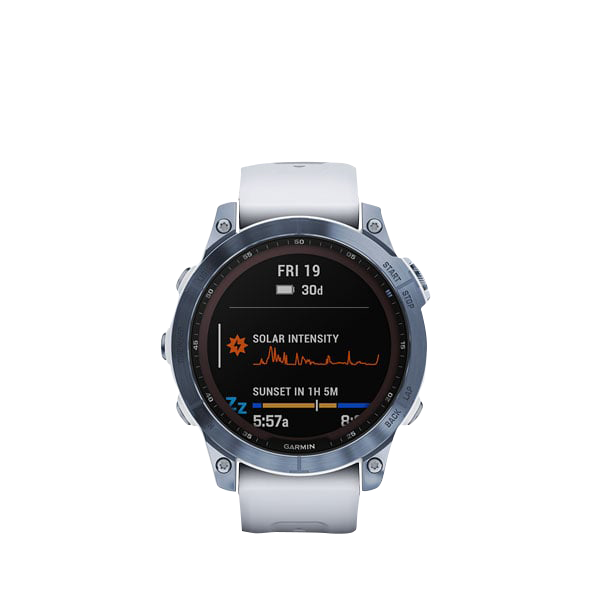 Garmin Fenix 7 Sapphire Solar smartwatch, Mineral Blue Titanium with Whitestone band, Garmin Certified Refurbished