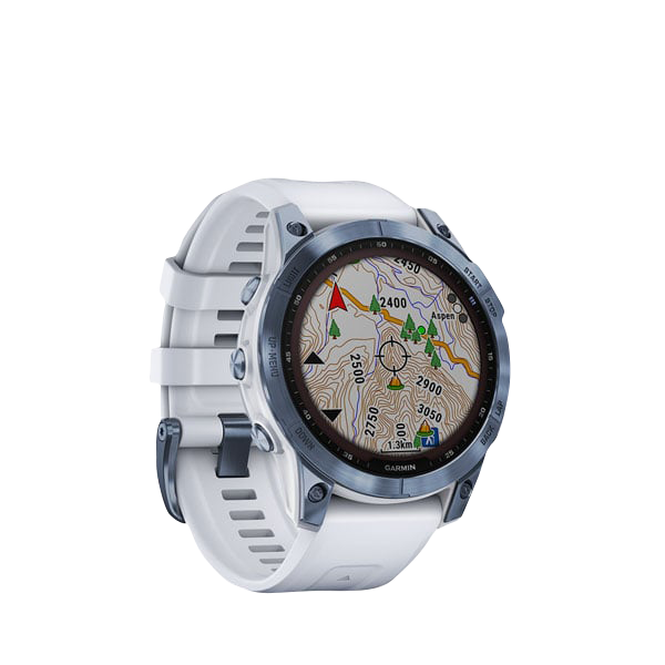 Garmin Fenix 7 Sapphire Solar smartwatch with mineral blue titanium bezel and Whitestone band, Certified Refurbished