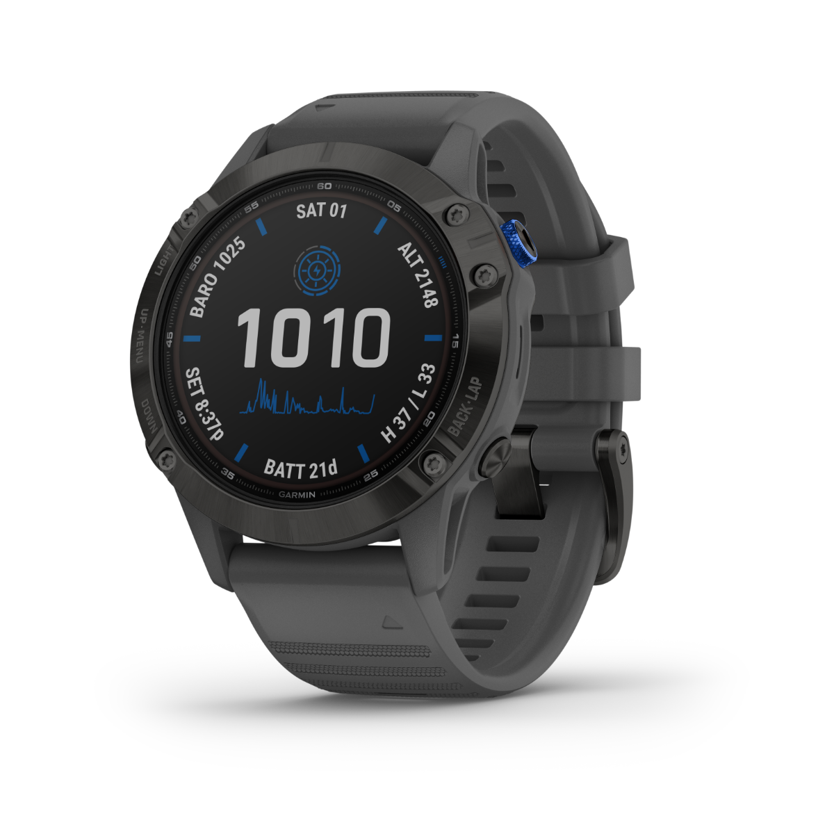 Garmin Fenix 6 Pro Solar GPS smartwatch, black bezel with gray band, certified refurbished