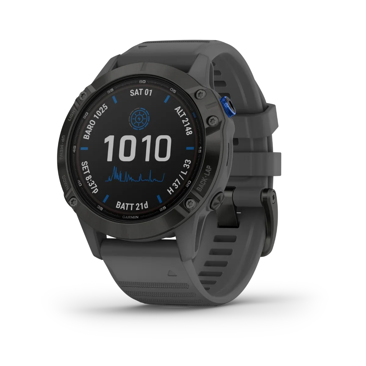 Garmin Fenix 6 Pro Solar GPS smartwatch, black bezel with gray band, certified refurbished