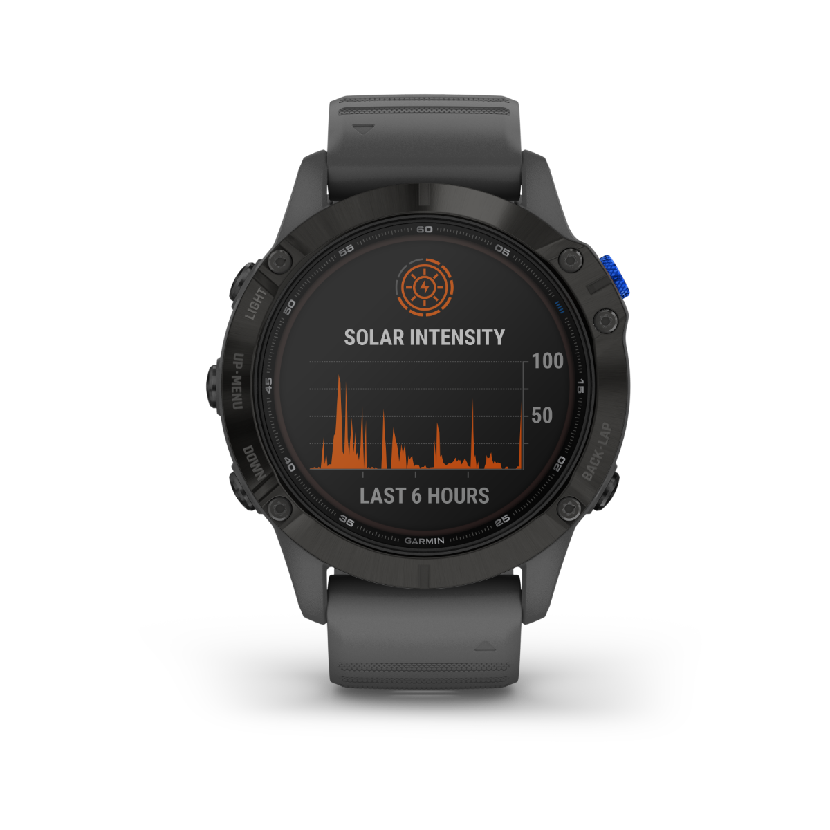 Garmin Fenix 6 Pro Solar GPS smartwatch, black case with gray band, certified refurbished