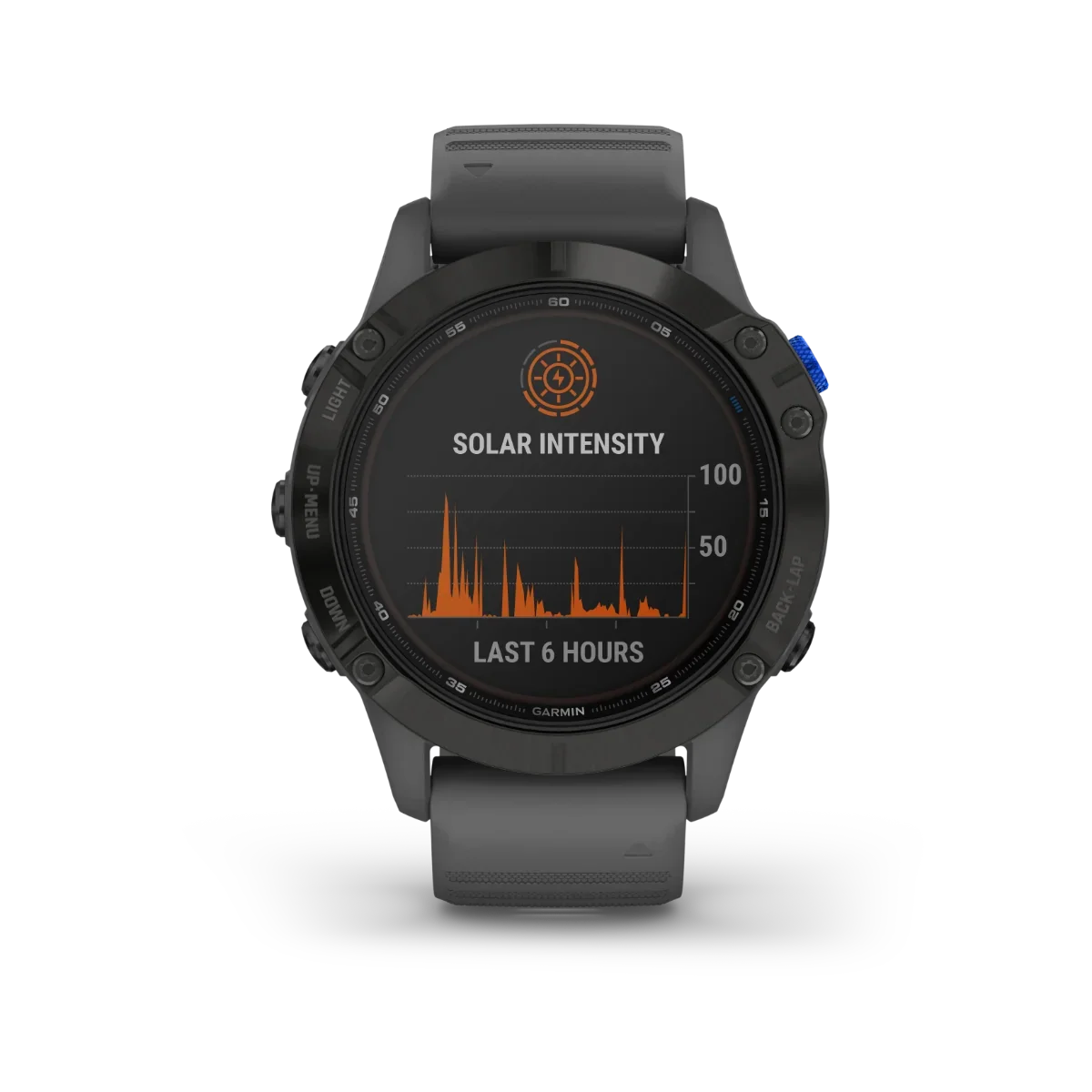 Garmin Fenix 6 Pro Solar GPS smartwatch, black case with gray band, certified refurbished