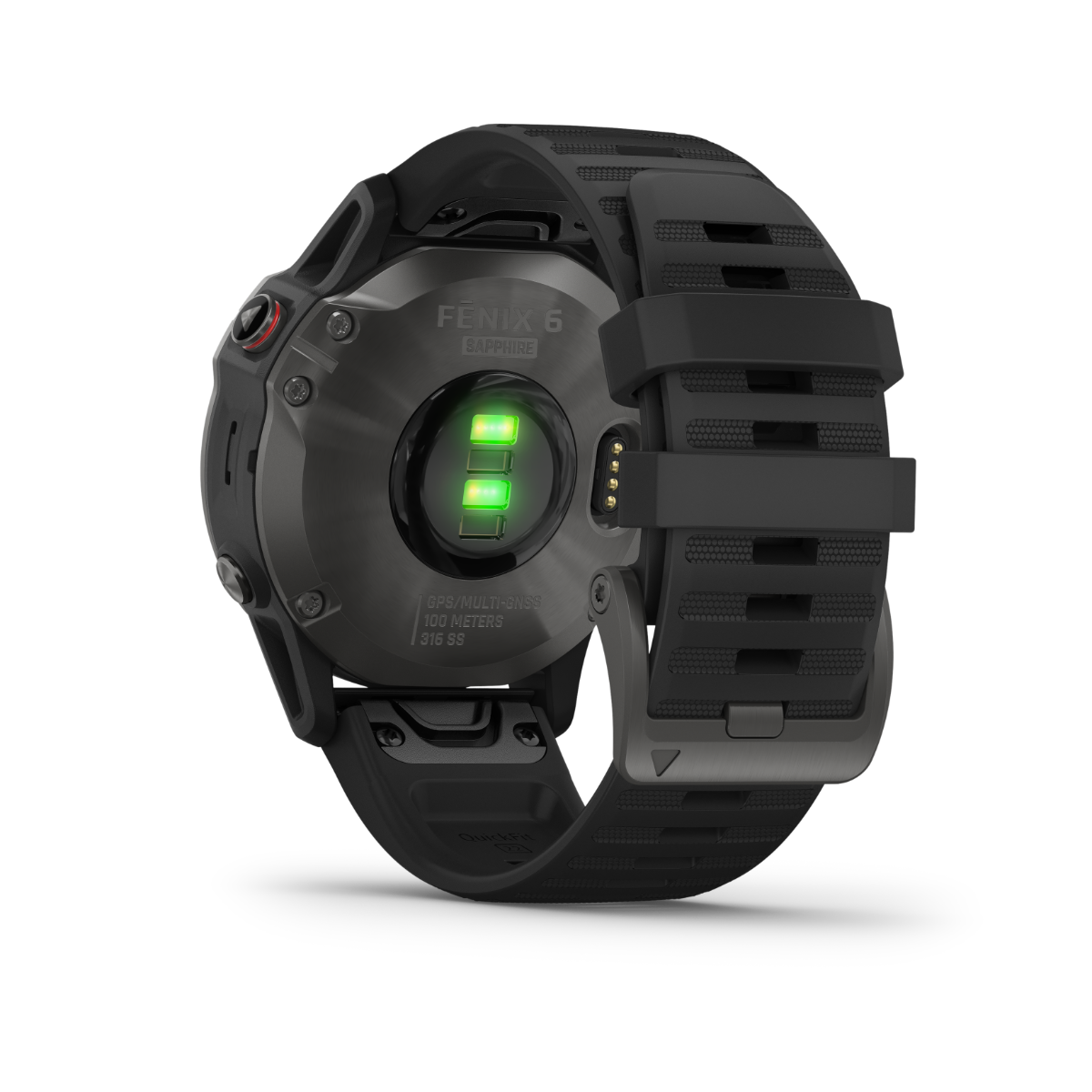 Garmin Fenix 6 Pro smartwatch with black band, back view showing green charging LEDs