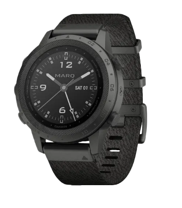 Garmin MARQ Commander men's luxury GPS smartwatch, certified refurbished, dark metal case with fabric strap