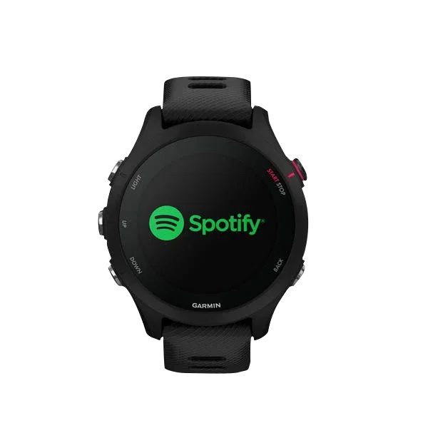 Garmin Forerunner 255S Music GPS running smartwatch, black with red accents, Garmin Certified Refurbished.