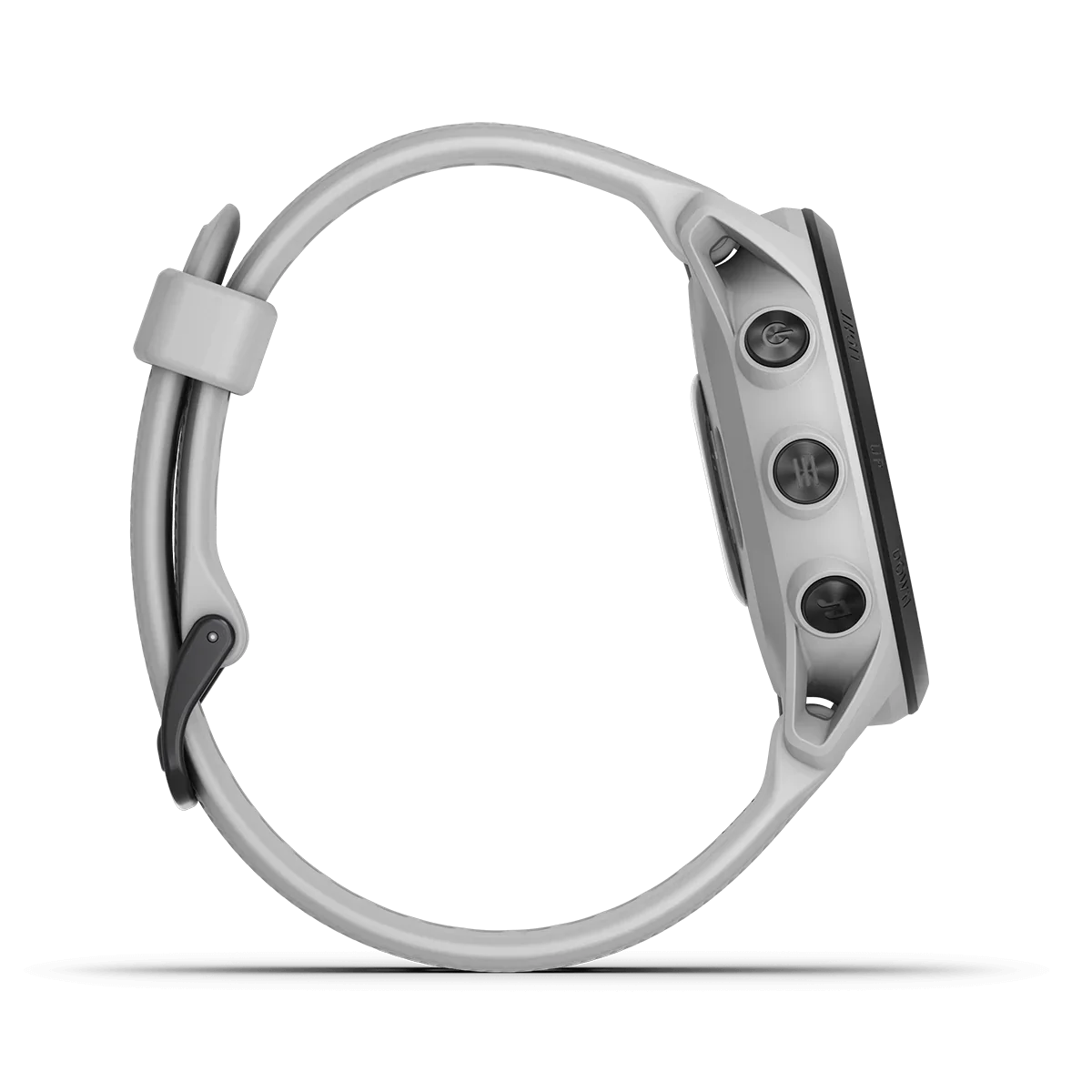 Garmin Forerunner 745 smartwatch, Whitestone color with gray band, side view