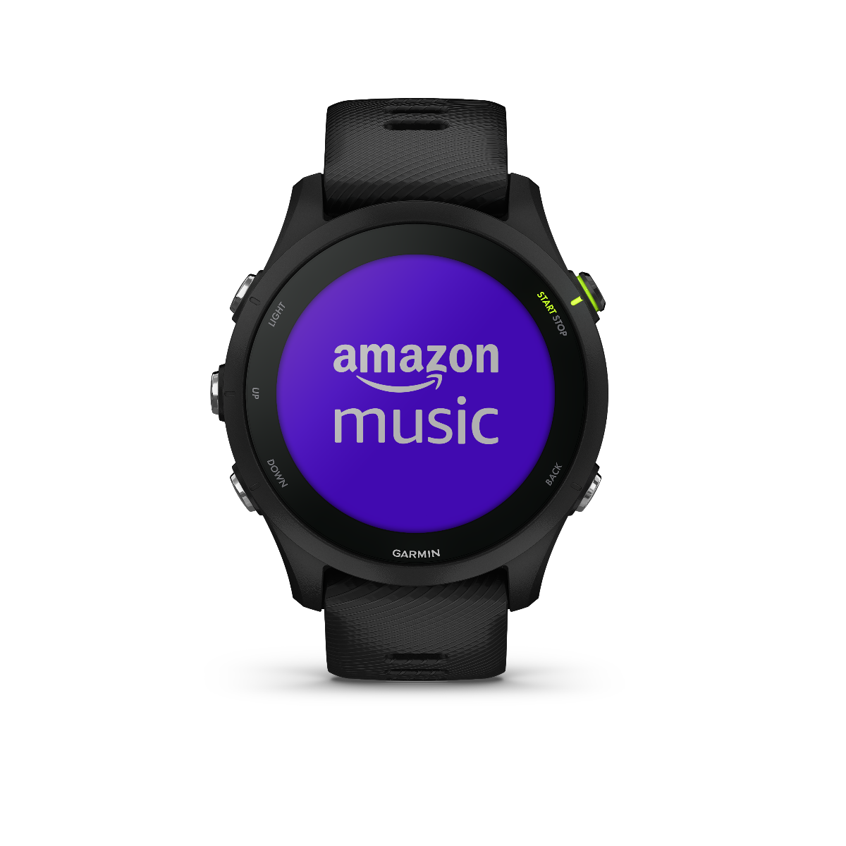 Garmin Forerunner 255 Music smartwatch, black strap, Amazon Music display