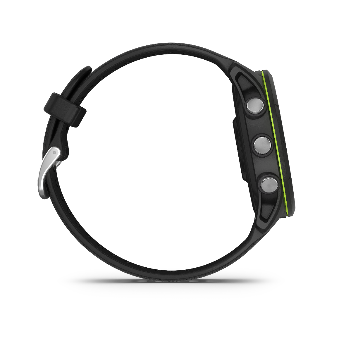 Garmin Forerunner 255 Music smartwatch, black with green accent, side view with three silver buttons.