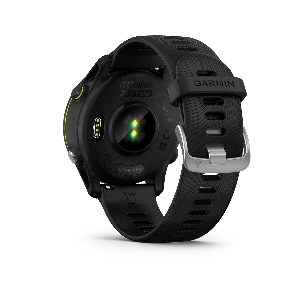 Garmin Forerunner 255 Music smartwatch with black silicone strap, back view and green LED sensor lights