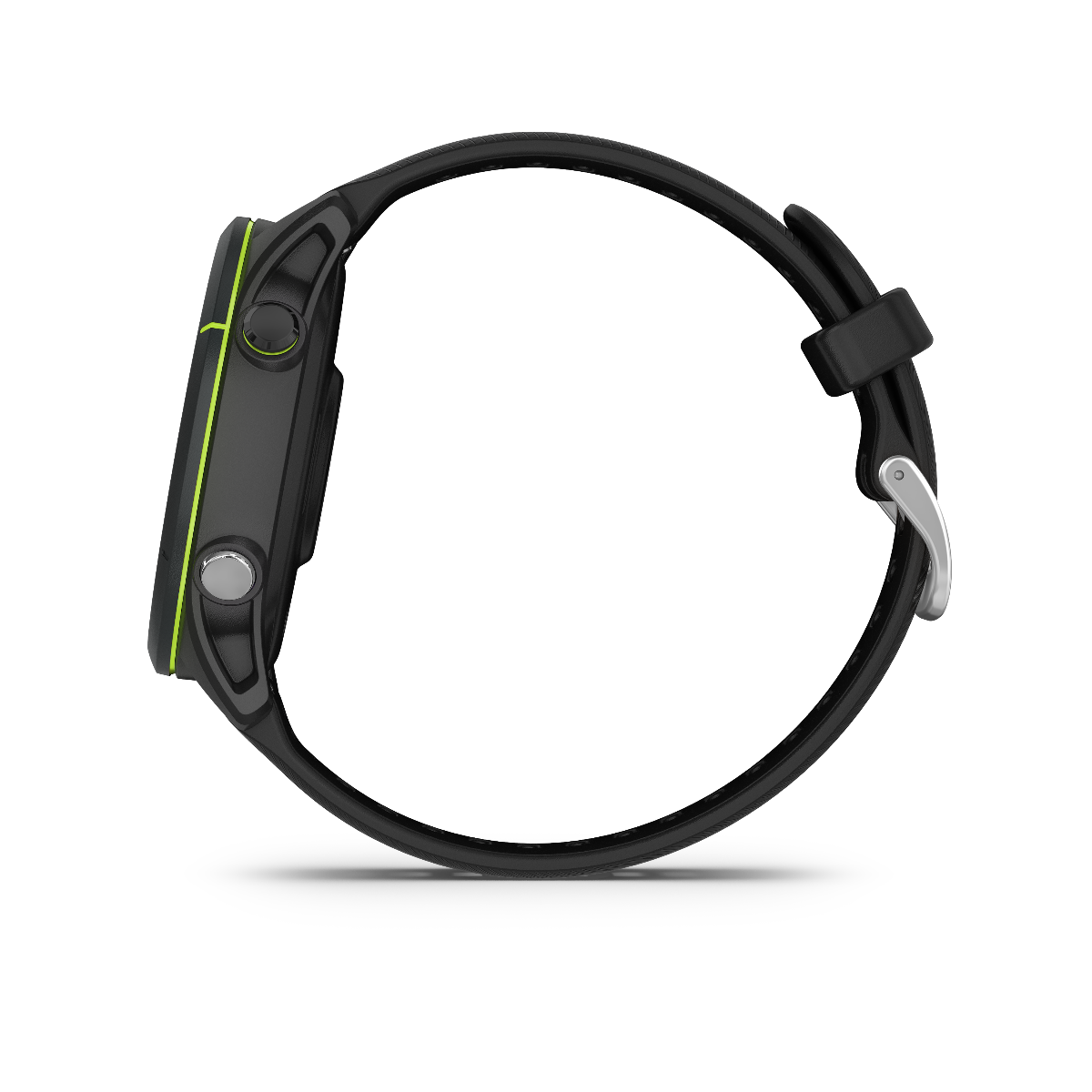 Garmin Forerunner 255 Music smartwatch, black with lime-green trim, side view