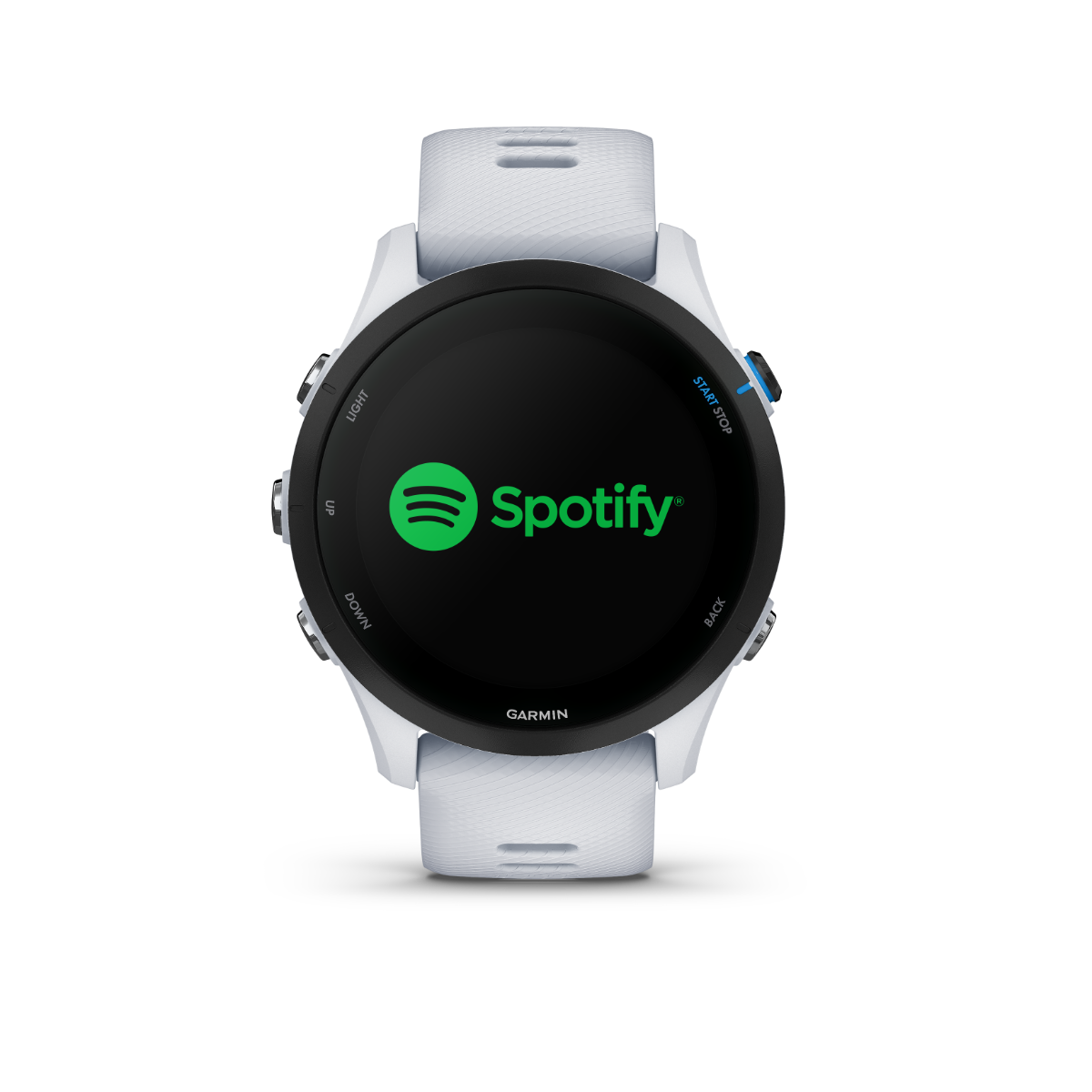 Garmin Forerunner 255 Music smartwatch with white strap and Spotify app on screen