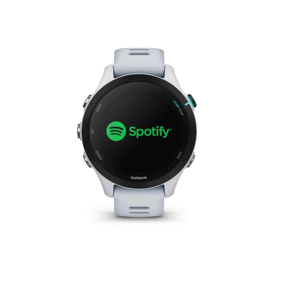 Garmin Forerunner 255S Music smartwatch with white Whitestone strap and Spotify on display