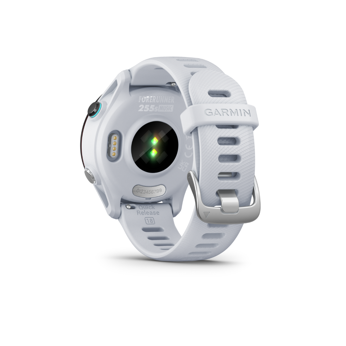 Garmin Forerunner 255S Music smartwatch, Whitestone, refurbished; back view with green heart-rate sensors