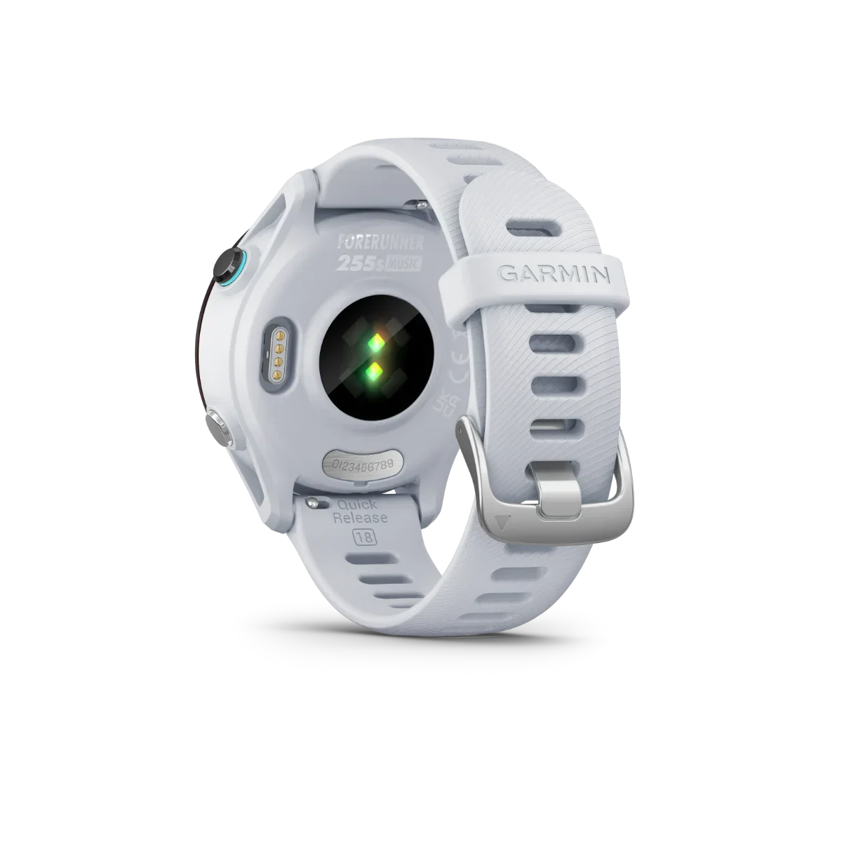Garmin Forerunner 255S Music smartwatch, Whitestone, refurbished; back view with green heart-rate sensors