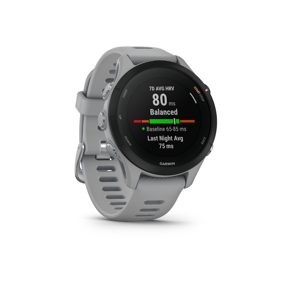 Garmin Forerunner 255S smartwatch in powder gray with silicone strap.