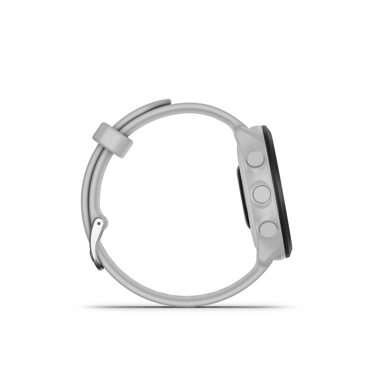 Garmin Forerunner 55 white GPS fitness smartwatch, side view with three control buttons