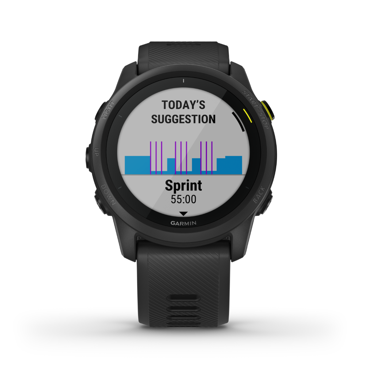 Garmin Forerunner 745 smart watch, black, with workout screen showing Sprint 55:00