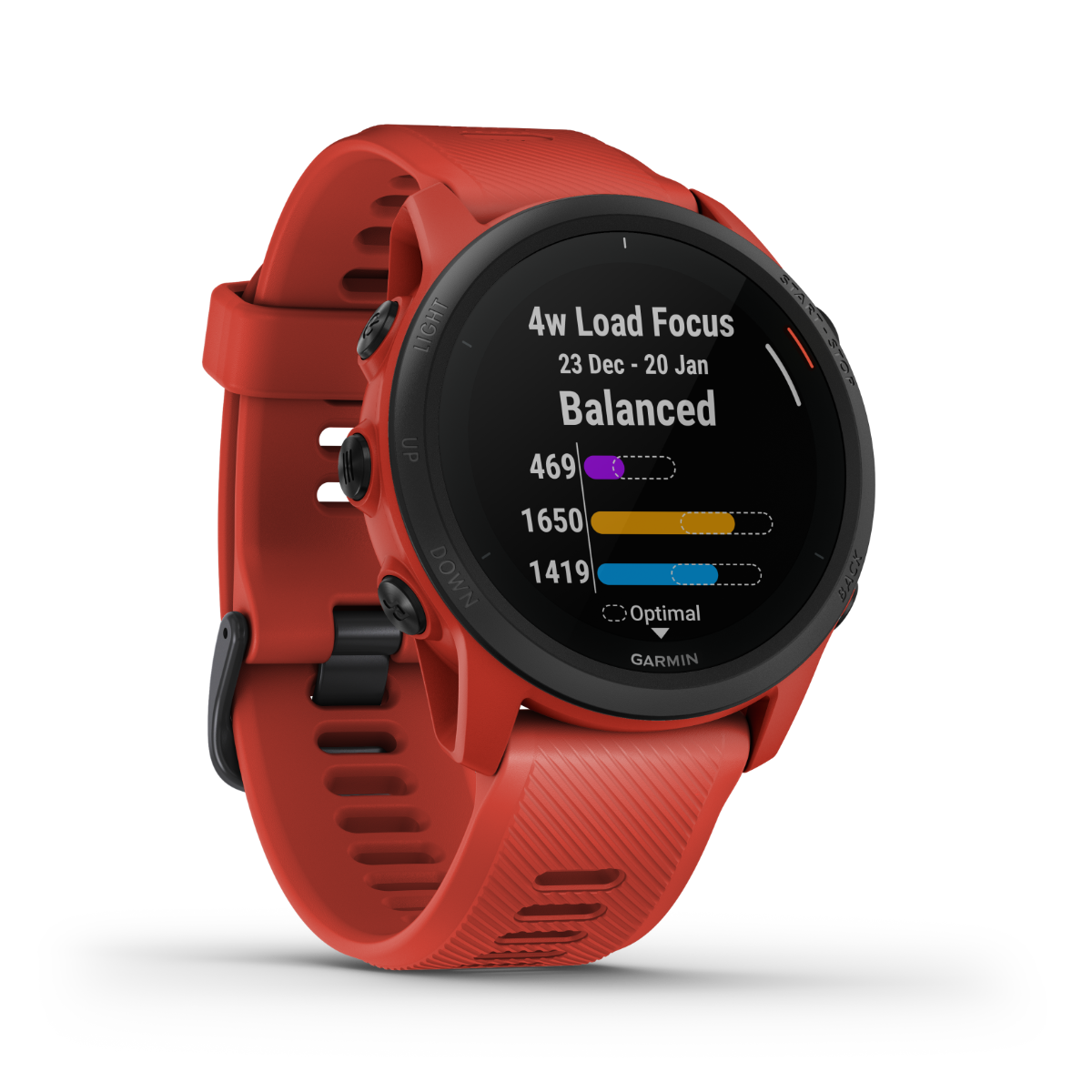 Garmin Forerunner 745 smartwatch in Magma Red with black bezel and red silicone band.