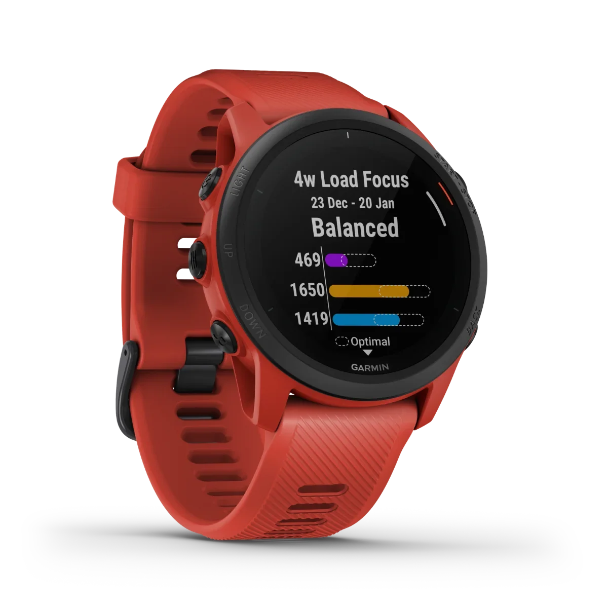 Garmin Forerunner 745 smartwatch in Magma Red with black bezel and red silicone band.