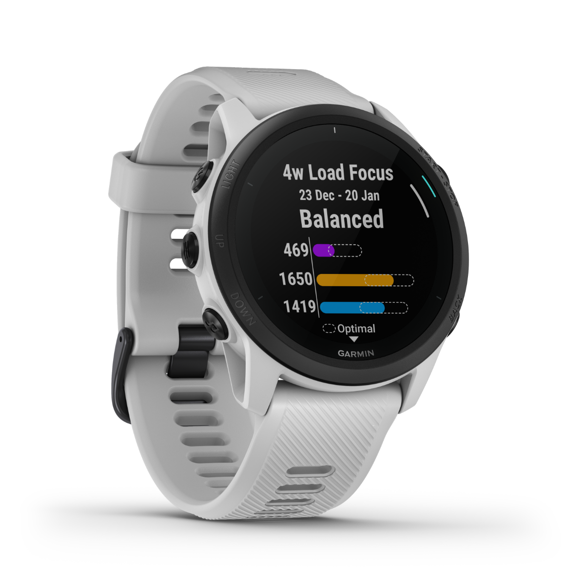 Garmin Forerunner 745 smart watch, Whitestone with white silicone band