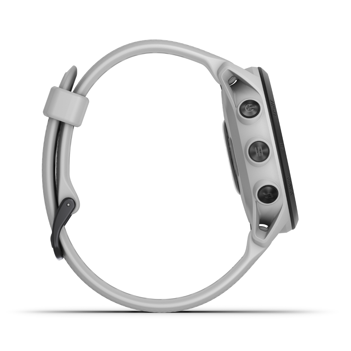 Garmin Forerunner 745 smartwatch in Whitestone, side view showing three circular buttons and white strap