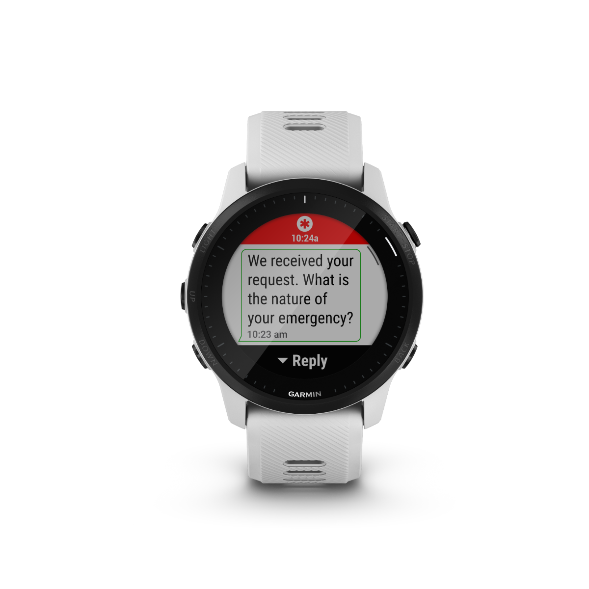 Garmin Forerunner 945 LTE smartwatch, Whitestone with white band, displaying emergency alert on screen