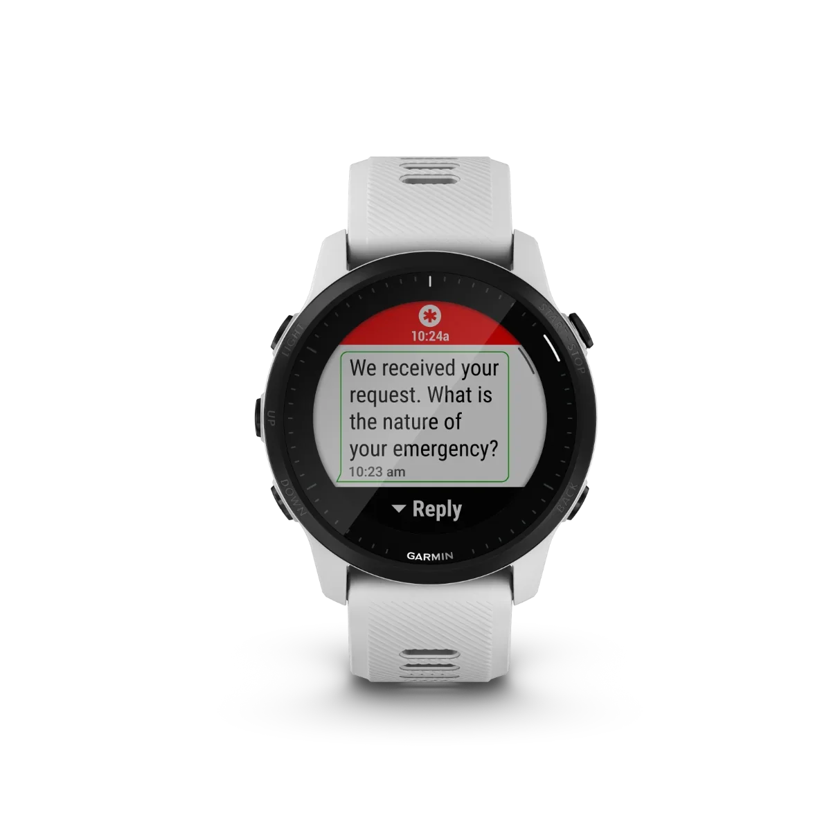 Garmin Forerunner 945 LTE smartwatch, Whitestone with white band, displaying emergency alert on screen
