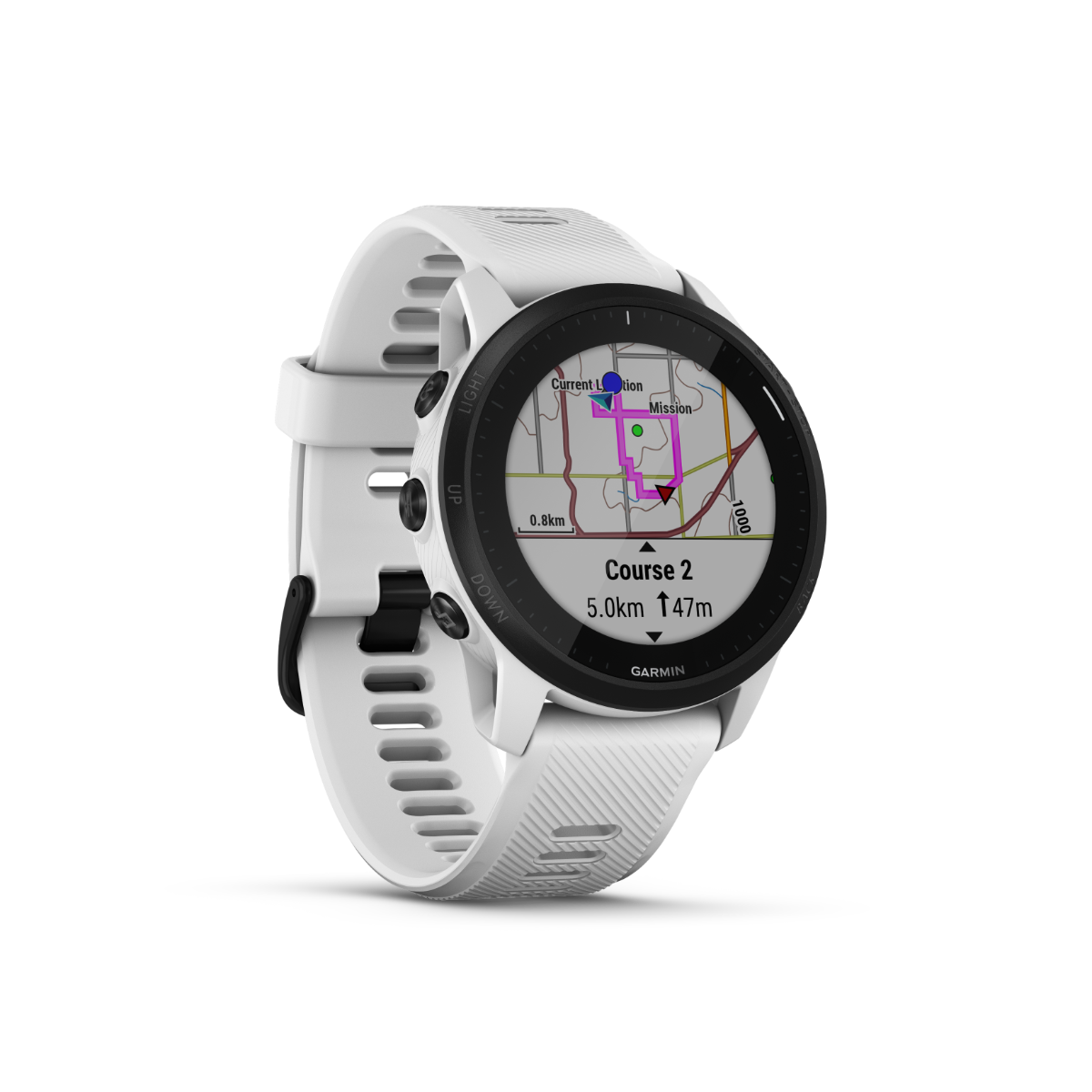 Garmin Forerunner 945 LTE smartwatch in Whitestone with white band and map display.