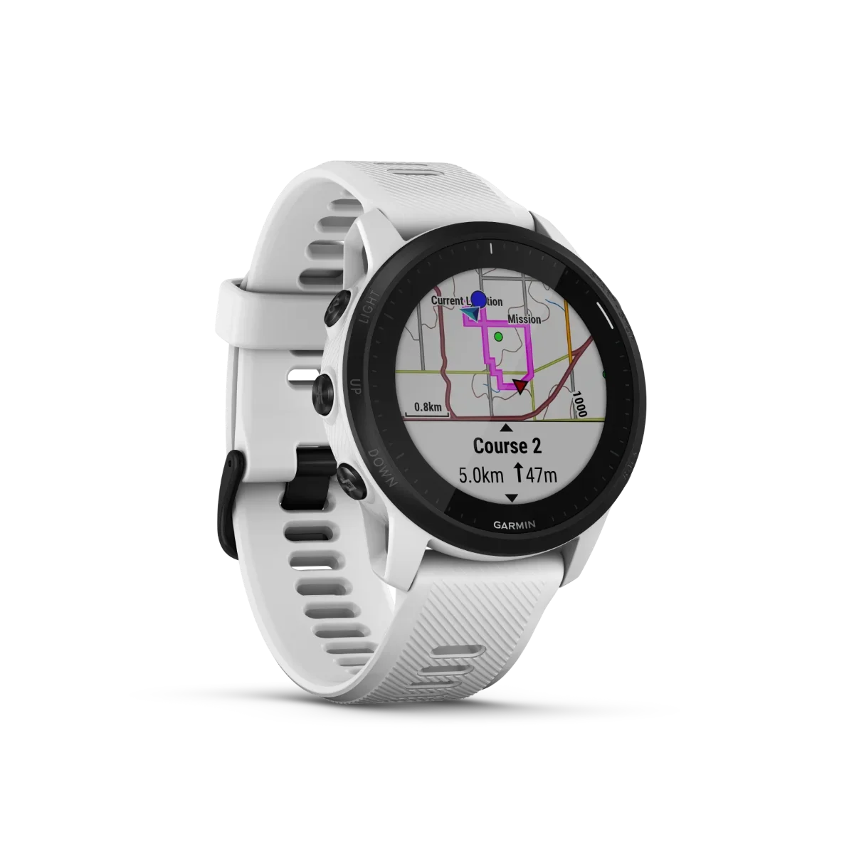 Garmin Forerunner 945 LTE smartwatch in Whitestone with white band and map display.